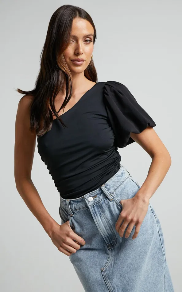 Showpo Bayley Bodysuit 8211 One Shoulder Short Puff Sleeve In Black Women Tops Showpo Bayley Bodysuit 8211 One Shoulder Short Puff Sleeve In Black Women Tops