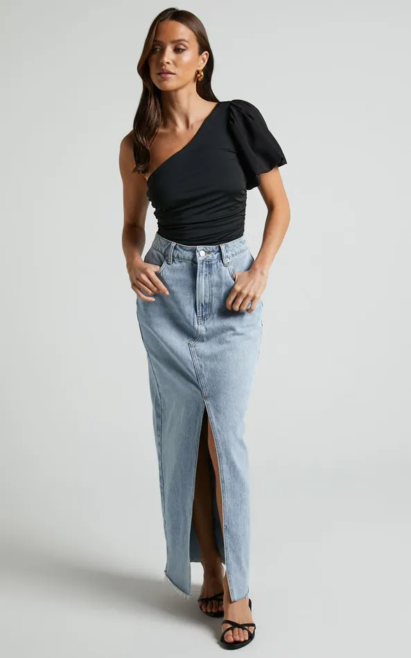 Showpo Bayley Bodysuit 8211 One Shoulder Short Puff Sleeve In Black Women Tops