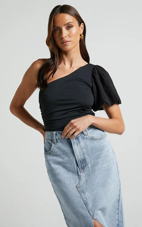 Showpo Bayley Bodysuit 8211 One Shoulder Short Puff Sleeve In Black Women Tops