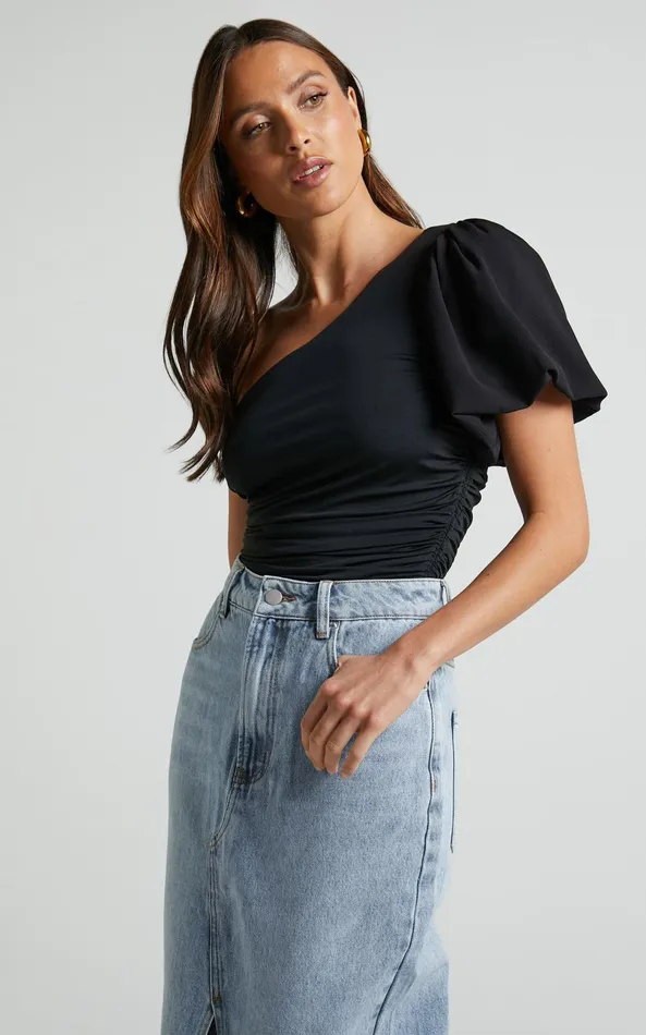 Showpo Bayley Bodysuit 8211 One Shoulder Short Puff Sleeve In Black Women Tops
