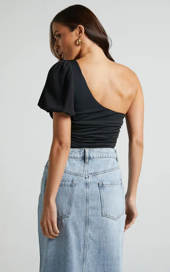 Showpo Bayley Bodysuit 8211 One Shoulder Short Puff Sleeve In Black Women Tops