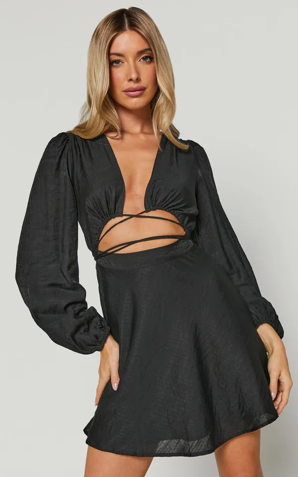Showpo Beatrice Mini Dress 8211 Front Cut Out Tie Waist Long Sleeve Plunge Dress In Black Women Dresses Showpo Beatrice Mini Dress 8211 Front Cut Out Tie Waist Long Sleeve Plunge Dress In Black Women Dresses