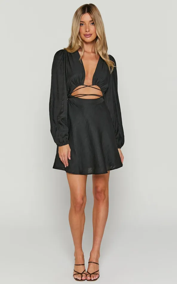 Showpo Beatrice Mini Dress 8211 Front Cut Out Tie Waist Long Sleeve Plunge Dress In Black Women Dresses