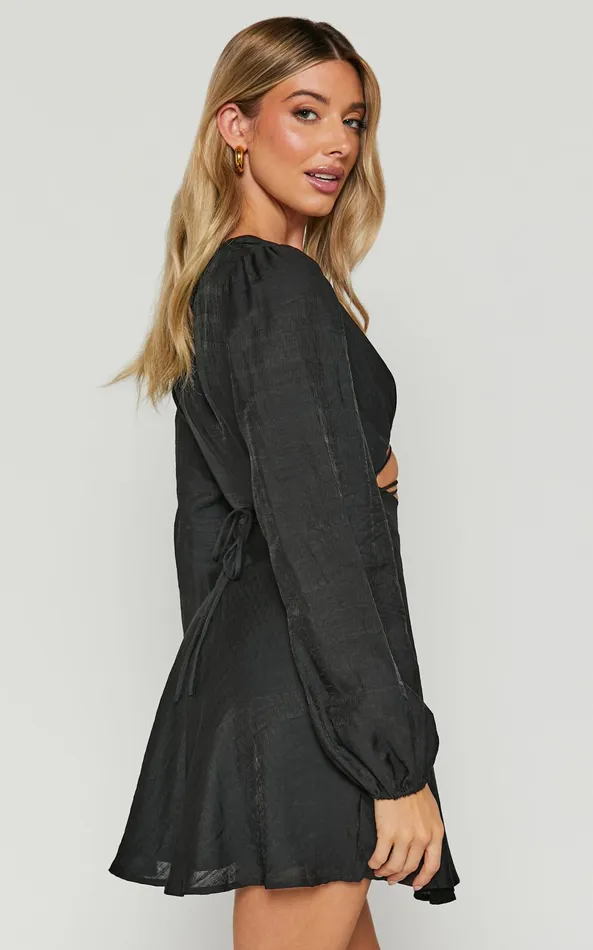 Showpo Beatrice Mini Dress 8211 Front Cut Out Tie Waist Long Sleeve Plunge Dress In Black Women Dresses