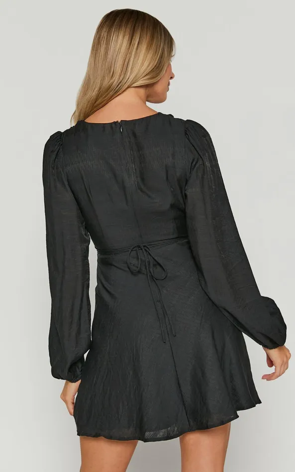 Showpo Beatrice Mini Dress 8211 Front Cut Out Tie Waist Long Sleeve Plunge Dress In Black Women Dresses