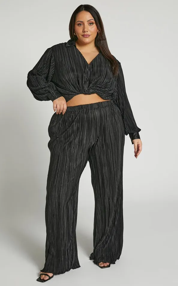 Showpo Beca Pants 8211 High Waisted Plisse Flared Pants In Black Women Curve Clothes