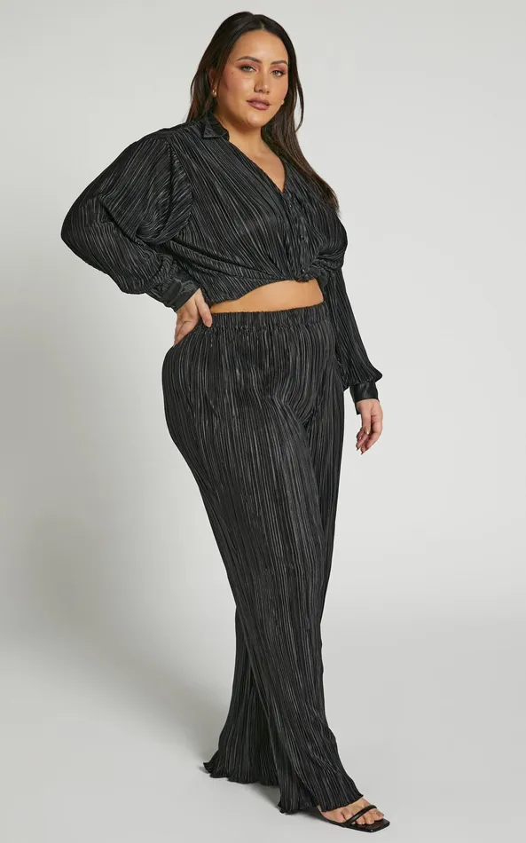 Showpo Beca Pants 8211 High Waisted Plisse Flared Pants In Black Women Curve Clothes