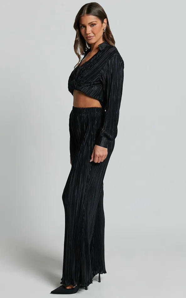 Showpo Beca Pants 8211 High Waisted Plisse Flared Pants In Black Women Curve Clothes