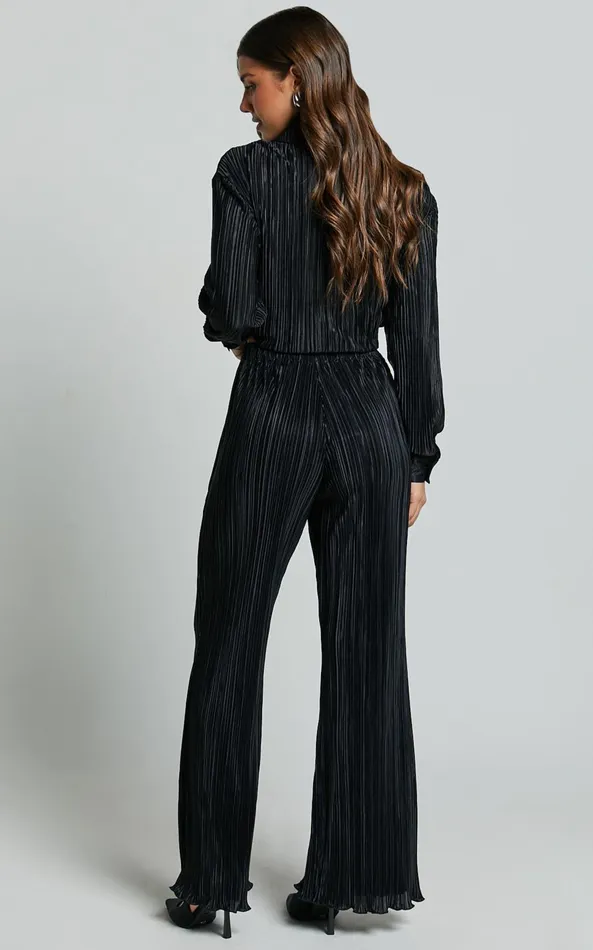 Showpo Beca Pants 8211 High Waisted Plisse Flared Pants In Black Women Curve Clothes