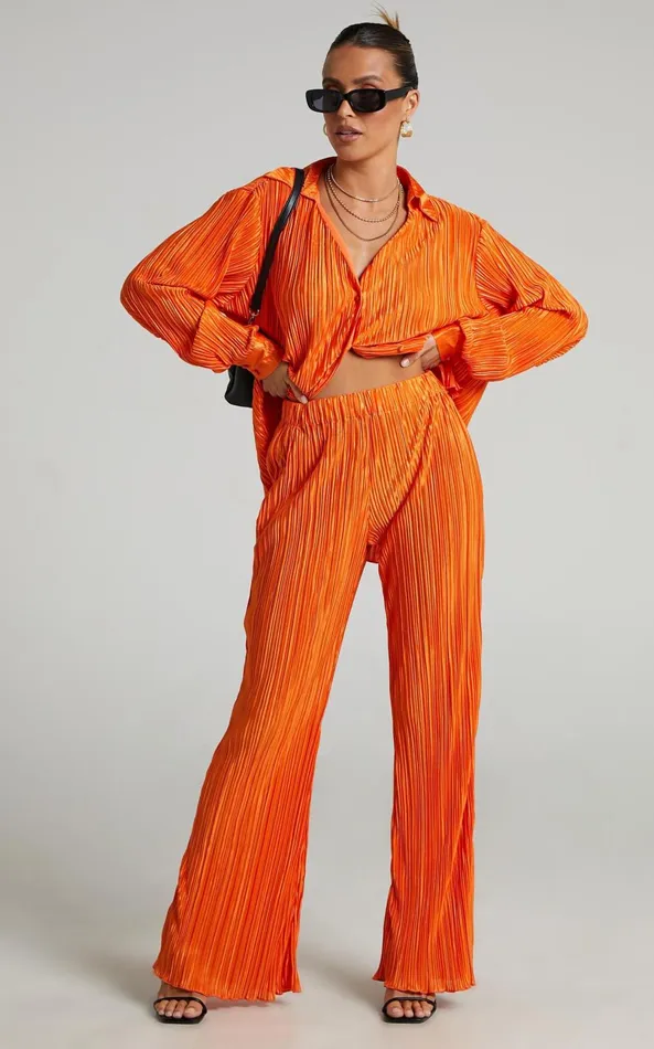 Showpo Beca Pants 8211 High Waisted Plisse Flared Pants In Bright Orange Women Curve Clothes Showpo Beca Pants 8211 High Waisted Plisse Flared Pants In Bright Orange Women Curve Clothes