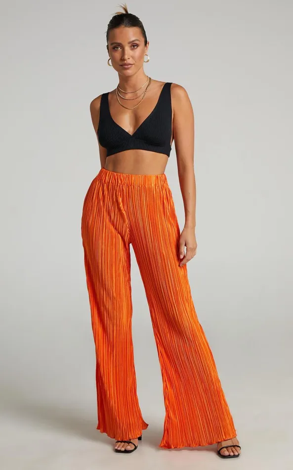 Showpo Beca Pants 8211 High Waisted Plisse Flared Pants In Bright Orange Women Curve Clothes