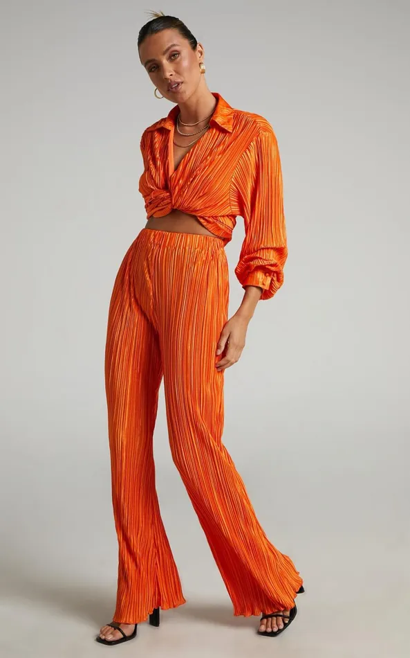 Showpo Beca Pants 8211 High Waisted Plisse Flared Pants In Bright Orange Women Curve Clothes