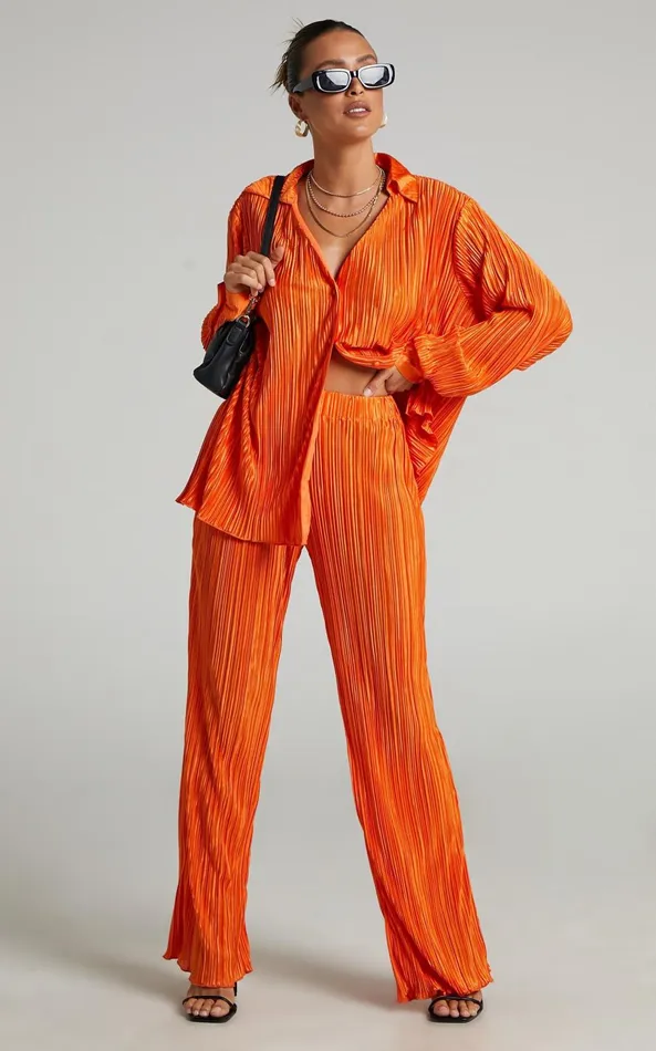 Showpo Beca Pants 8211 High Waisted Plisse Flared Pants In Bright Orange Women Curve Clothes