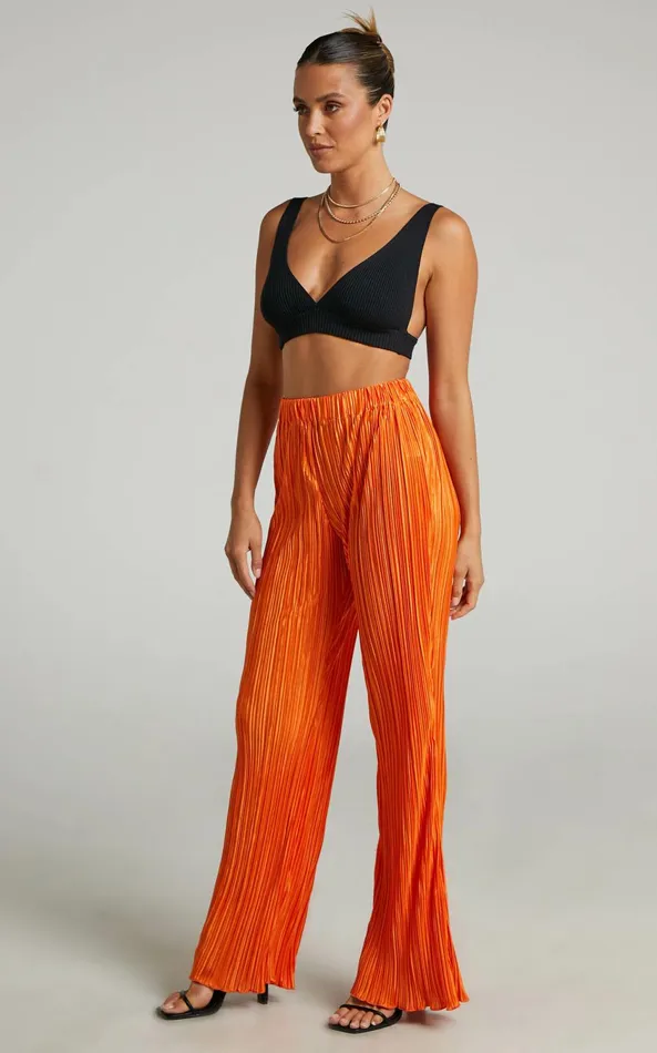 Showpo Beca Pants 8211 High Waisted Plisse Flared Pants In Bright Orange Women Curve Clothes