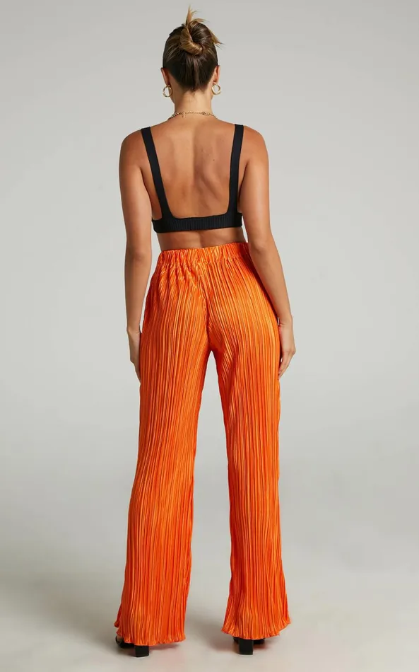 Showpo Beca Pants 8211 High Waisted Plisse Flared Pants In Bright Orange Women Curve Clothes