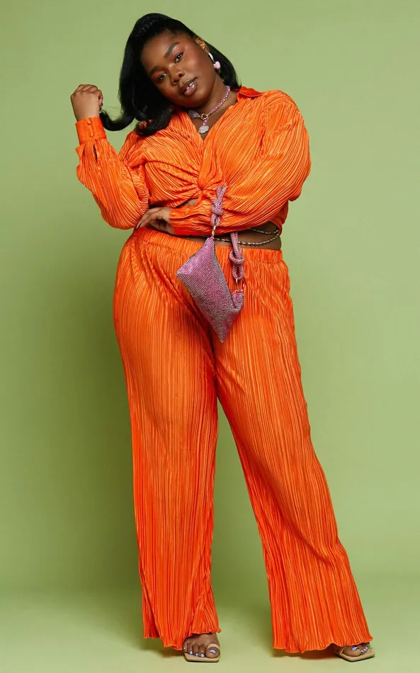 Showpo Beca Pants 8211 High Waisted Plisse Flared Pants In Bright Orange Women Curve Clothes