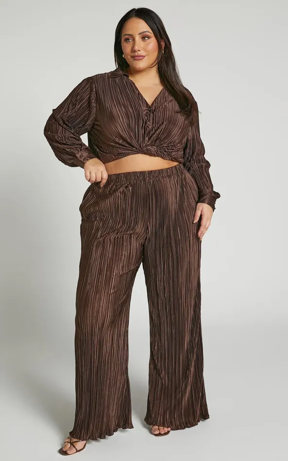 Showpo Beca Pants 8211 High Waisted Plisse Flared Pants In Chocolate Women Curve Clothes