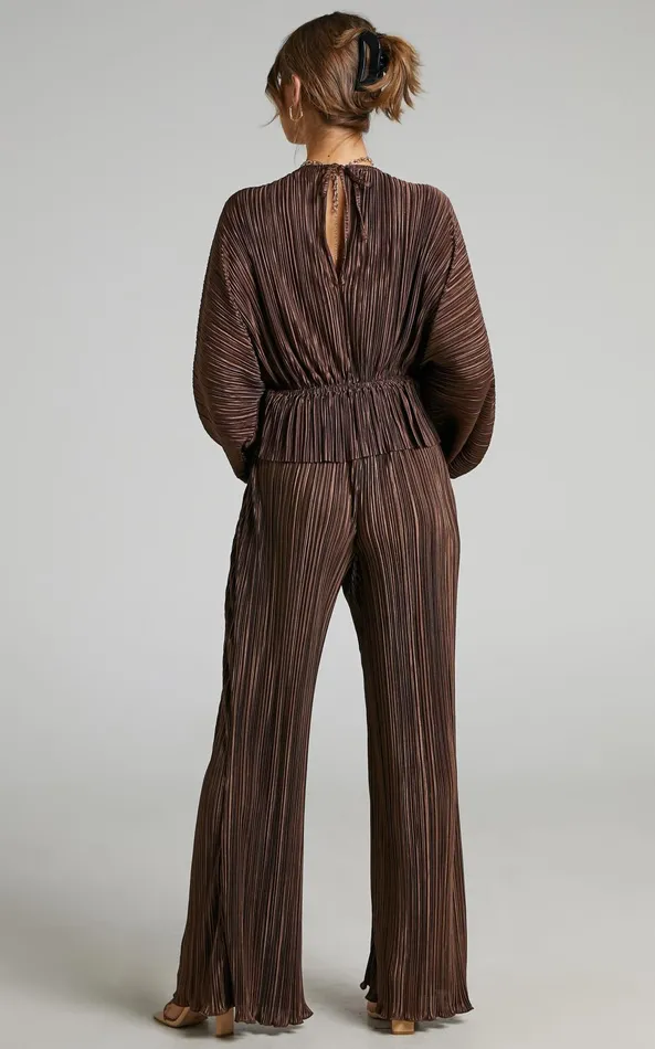Showpo Beca Pants 8211 High Waisted Plisse Flared Pants In Chocolate Women Curve Clothes