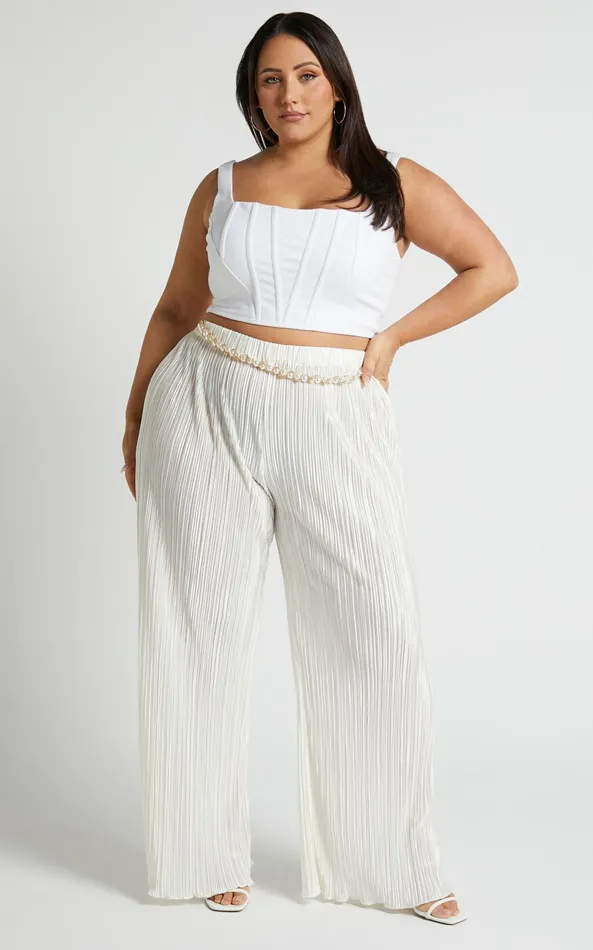 Showpo Beca Pants 8211 High Waisted Plisse Flared Pants In Cream Women Curve Clothes