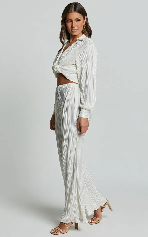 Showpo Beca Pants 8211 High Waisted Plisse Flared Pants In Cream Women Curve Clothes