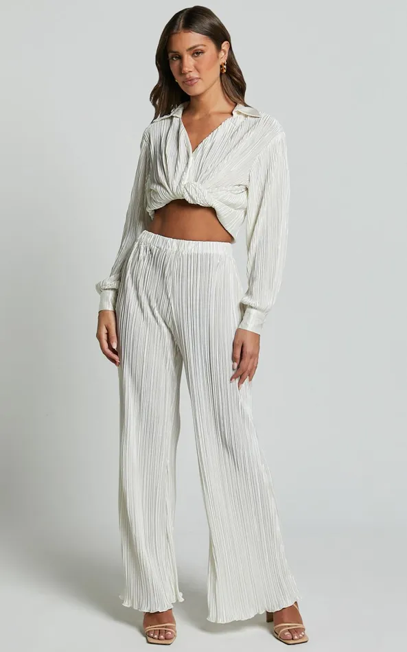Showpo Beca Pants 8211 High Waisted Plisse Flared Pants In Cream Women Curve Clothes