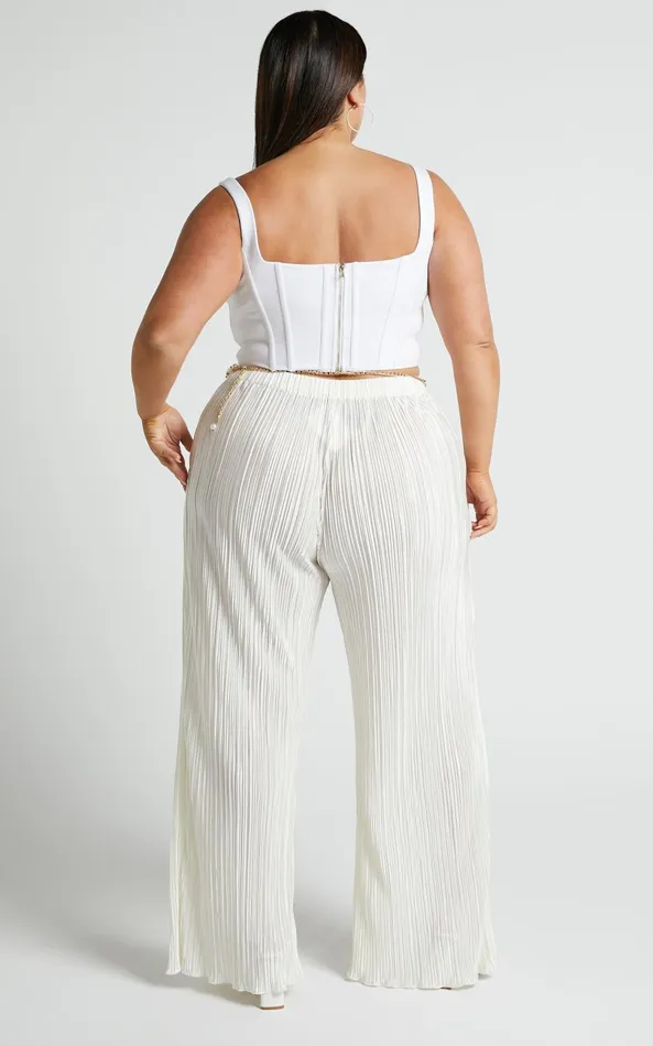 Showpo Beca Pants 8211 High Waisted Plisse Flared Pants In Cream Women Curve Clothes