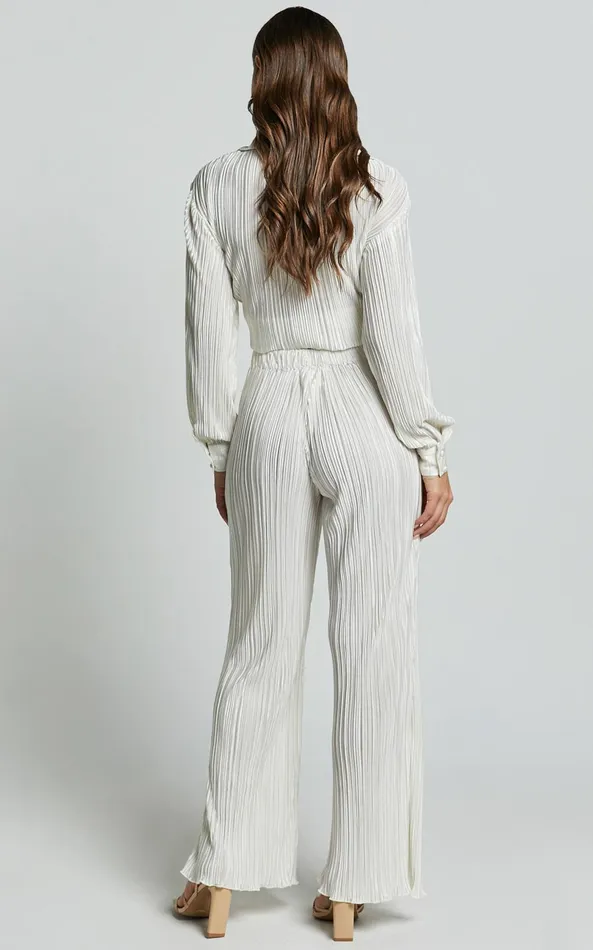 Showpo Beca Pants 8211 High Waisted Plisse Flared Pants In Cream Women Curve Clothes