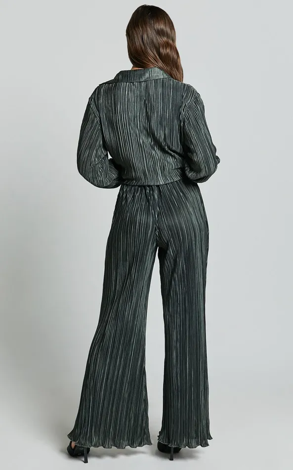 Showpo Beca Pants 8211 High Waisted Plisse Flared Pants In Olive Women Curve Clothes
