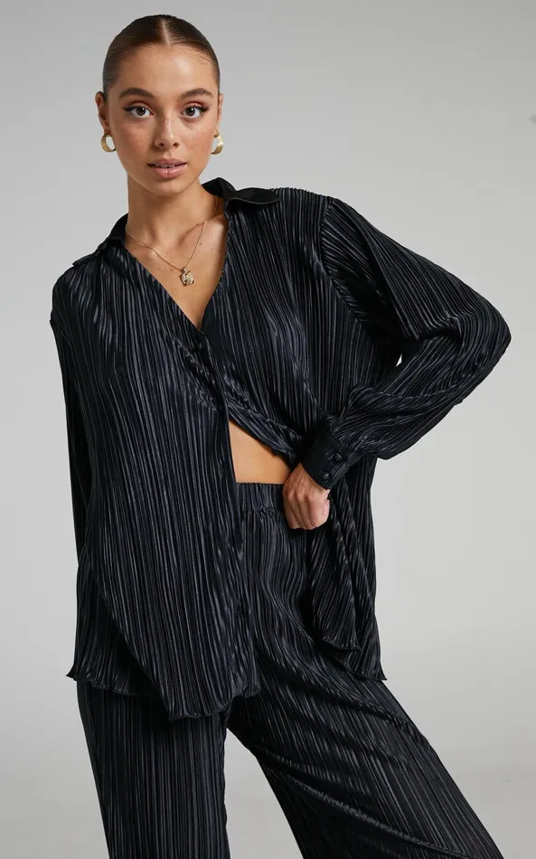Showpo Beca Shirt 8211 Plisse Button Up Shirt In Black Women Curve Clothes