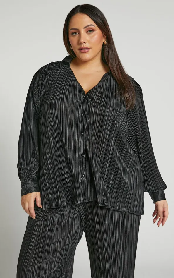 Showpo Beca Shirt 8211 Plisse Button Up Shirt In Black Women Curve Clothes