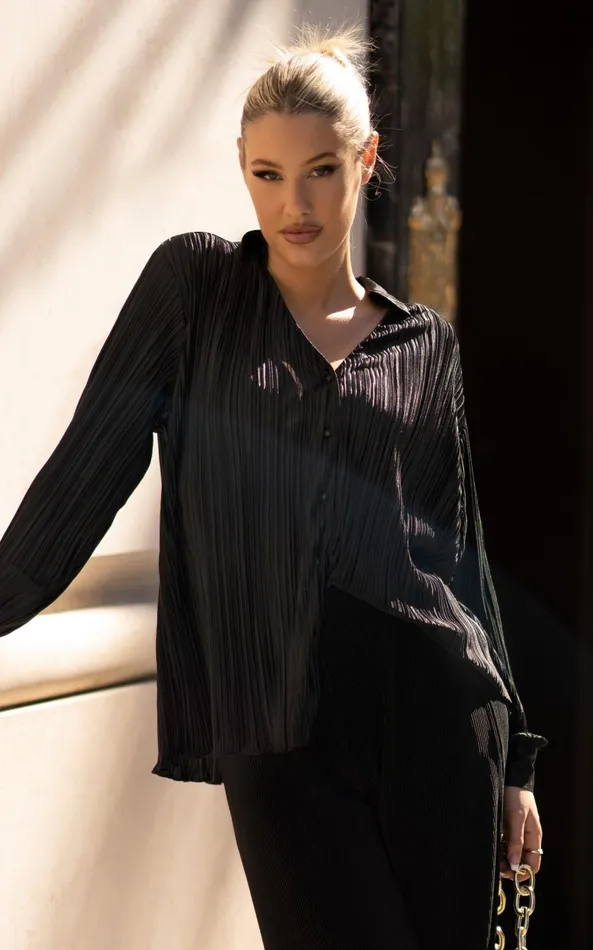 Showpo Beca Shirt 8211 Plisse Button Up Shirt In Black Women Curve Clothes