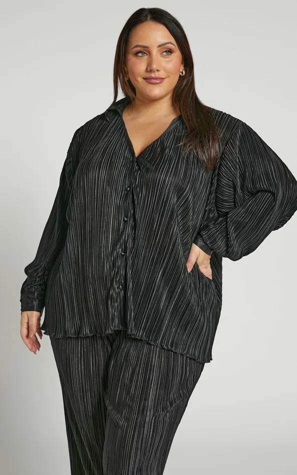 Showpo Beca Shirt 8211 Plisse Button Up Shirt In Black Women Curve Clothes