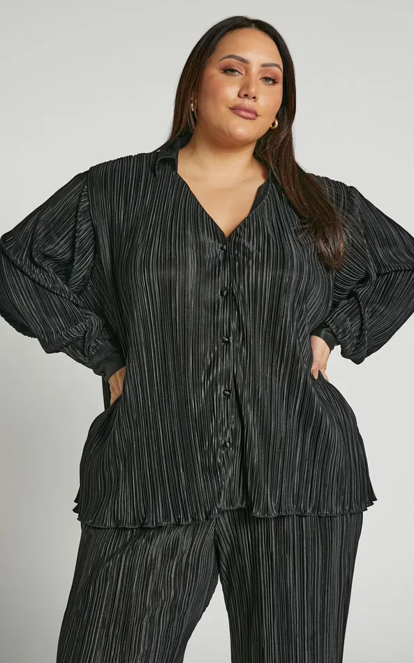 Showpo Beca Shirt 8211 Plisse Button Up Shirt In Black Women Curve Clothes