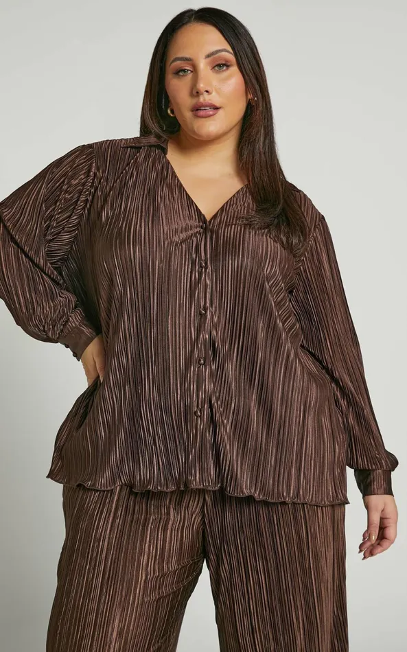 Showpo Beca Shirt 8211 Plisse Button Up Shirt In Chocolate Women Curve Clothes