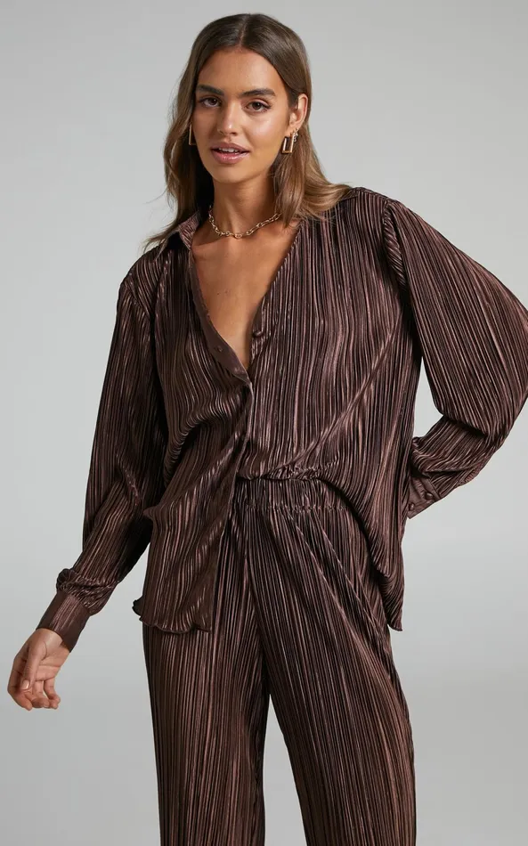 Showpo Beca Shirt 8211 Plisse Button Up Shirt In Chocolate Women Curve Clothes
