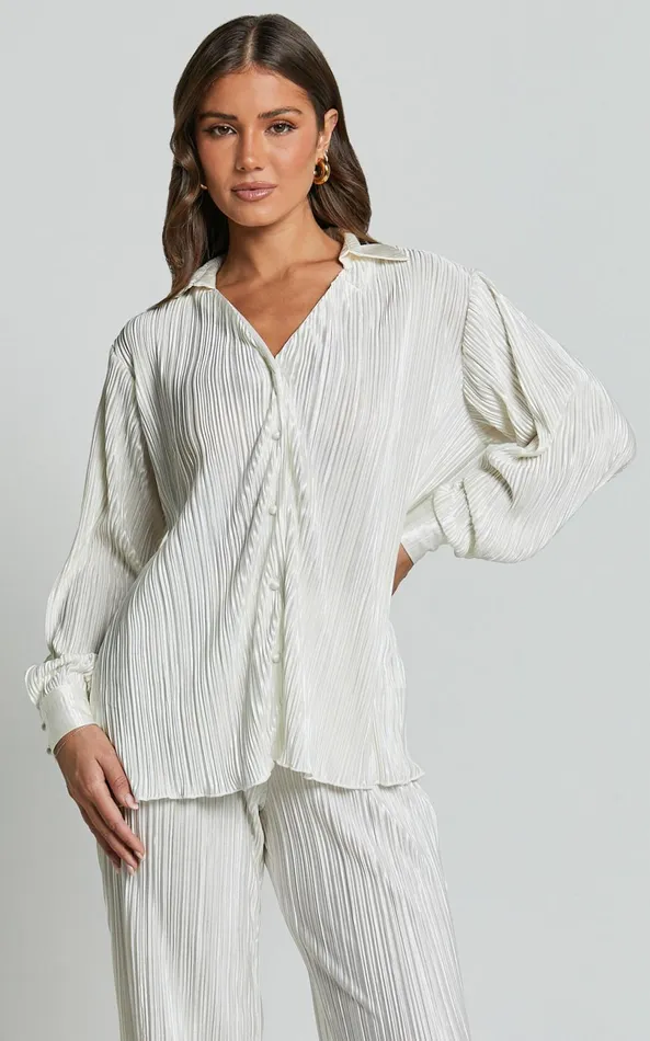 Showpo Beca Shirt 8211 Plisse Button Up Shirt In Cream Women Curve Clothes