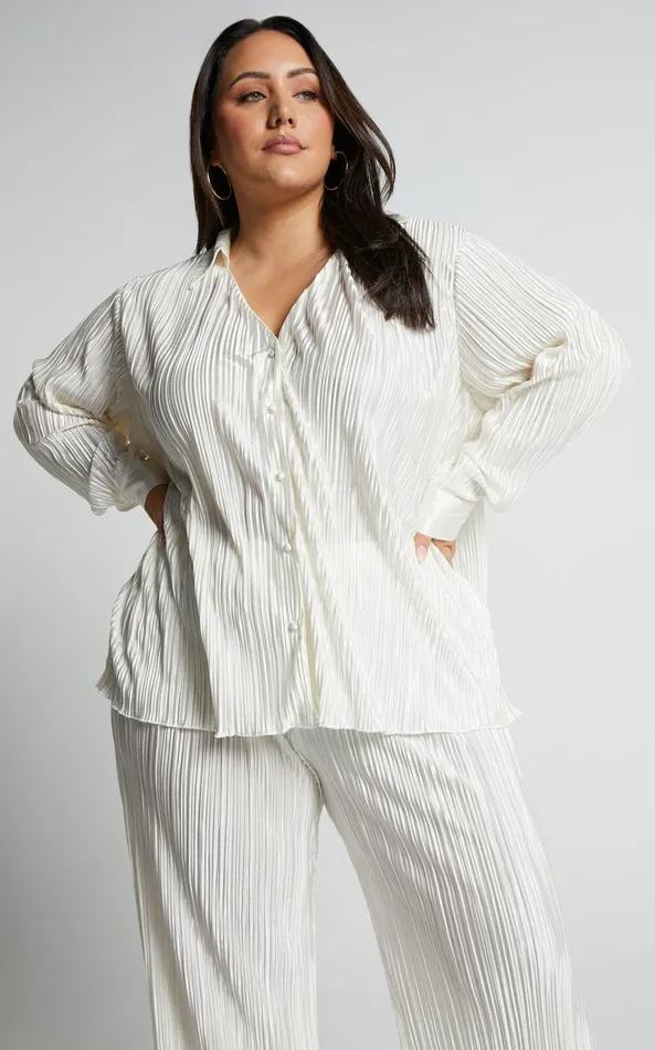 Showpo Beca Shirt 8211 Plisse Button Up Shirt In Cream Women Curve Clothes