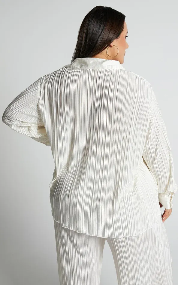 Showpo Beca Shirt 8211 Plisse Button Up Shirt In Cream Women Curve Clothes
