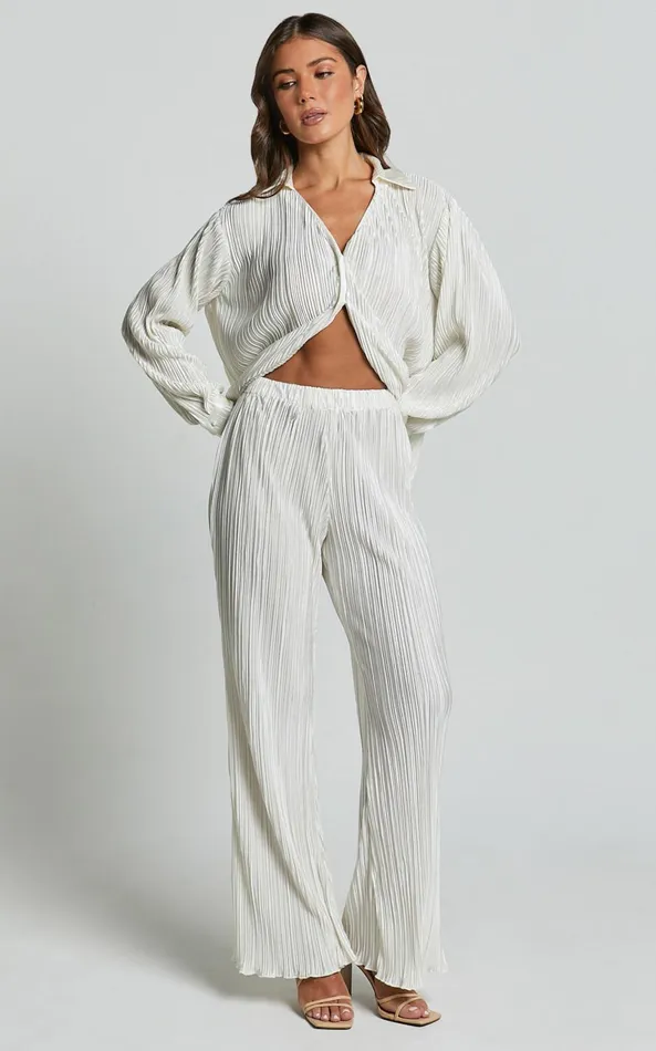 Showpo Beca Shirt 8211 Plisse Button Up Shirt In Cream Women Curve Clothes