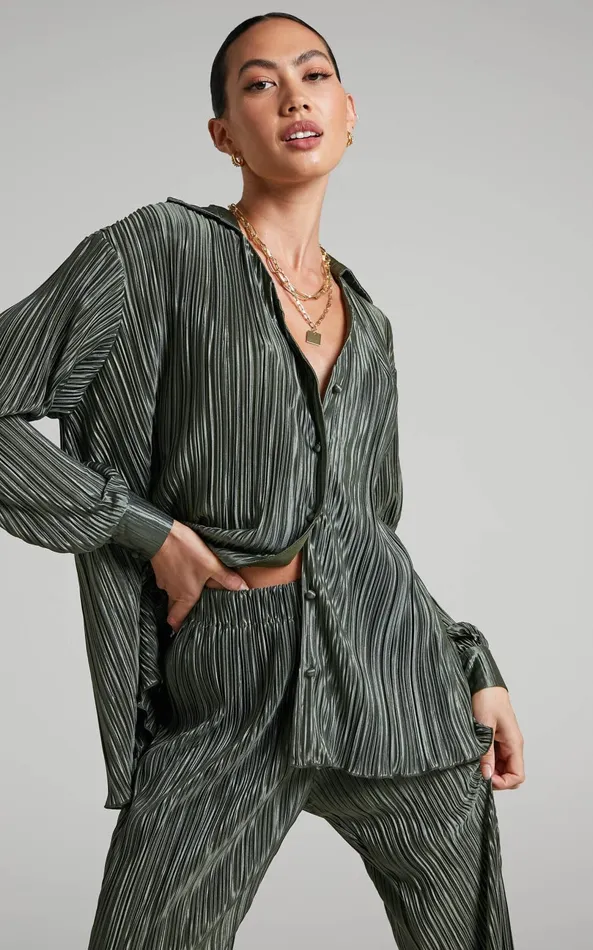 Showpo Beca Shirt 8211 Plisse Button Up Shirt In Olive Women Curve Clothes