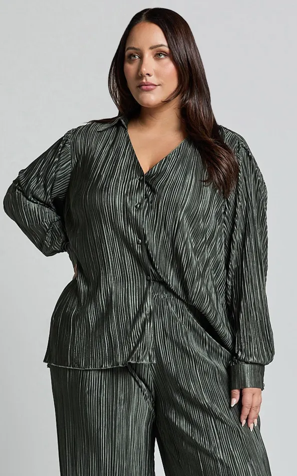Showpo Beca Shirt 8211 Plisse Button Up Shirt In Olive Women Curve Clothes