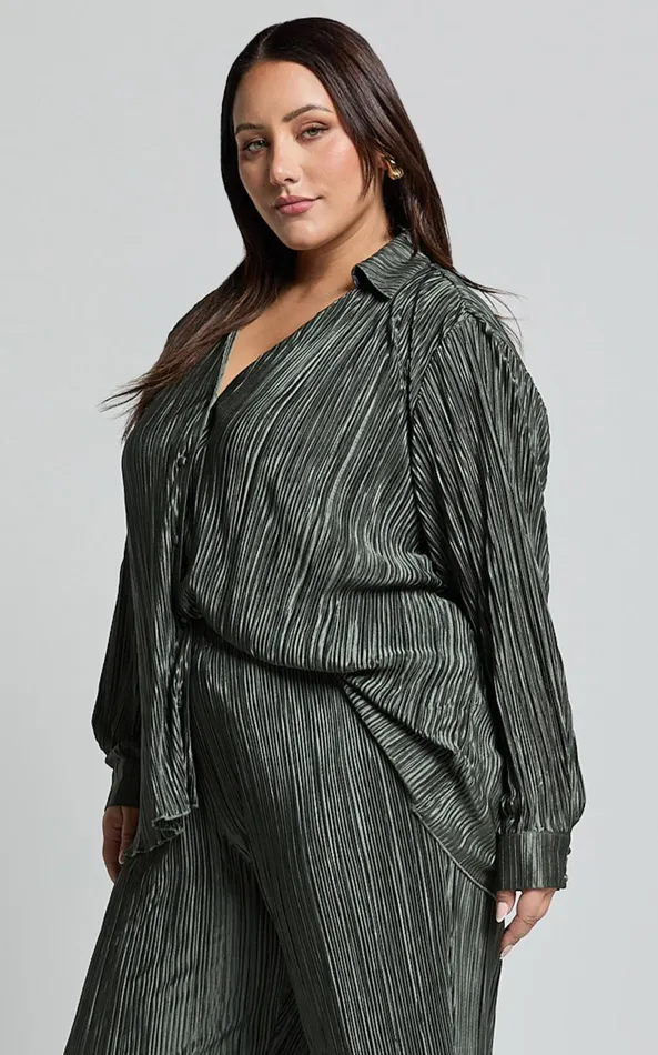 Showpo Beca Shirt 8211 Plisse Button Up Shirt In Olive Women Curve Clothes