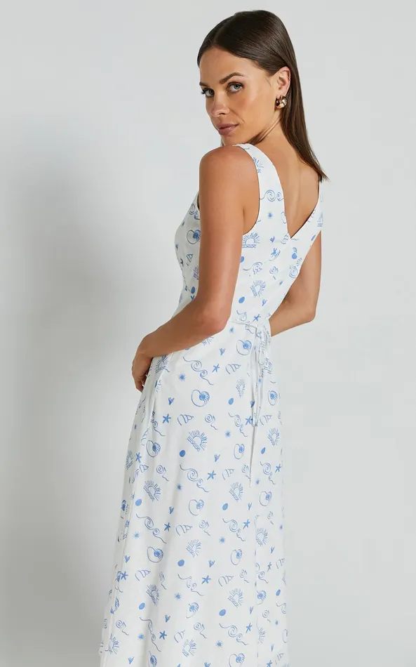 Showpo Becca Midi Dress 8211 Ruched Bust Sleeveless V Neck Dress In Blue Print Women Dresses