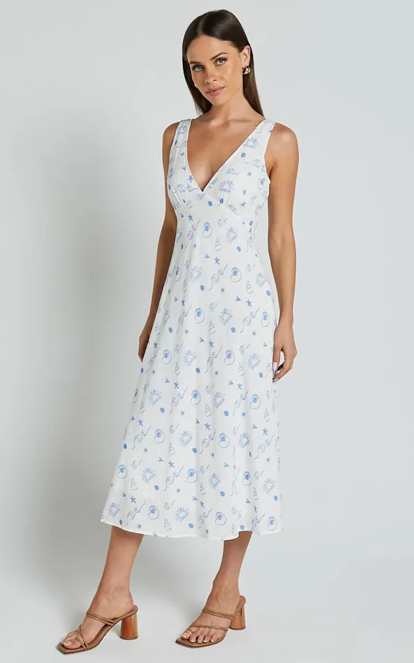 Showpo Becca Midi Dress 8211 Ruched Bust Sleeveless V Neck Dress In Blue Print Women Dresses