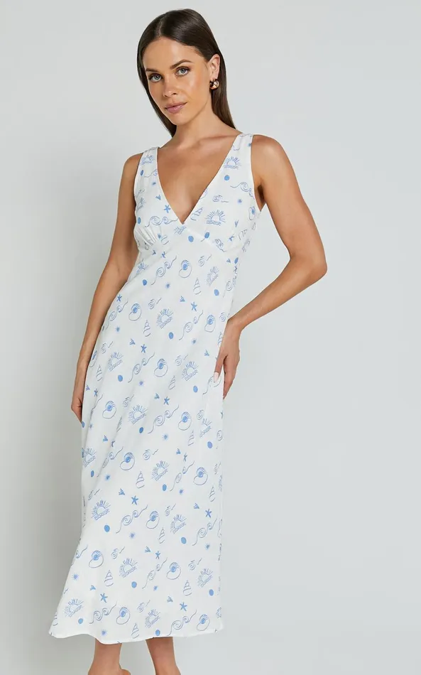 Showpo Becca Midi Dress 8211 Ruched Bust Sleeveless V Neck Dress In Blue Print Women Dresses