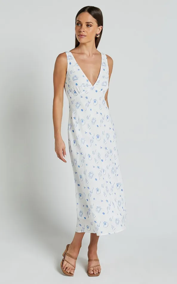 Showpo Becca Midi Dress 8211 Ruched Bust Sleeveless V Neck Dress In Blue Print Women Dresses