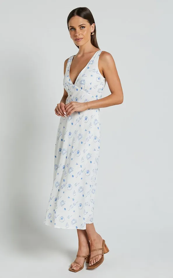 Showpo Becca Midi Dress 8211 Ruched Bust Sleeveless V Neck Dress In Blue Print Women Dresses