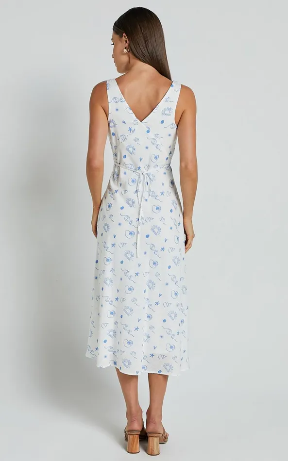 Showpo Becca Midi Dress 8211 Ruched Bust Sleeveless V Neck Dress In Blue Print Women Dresses