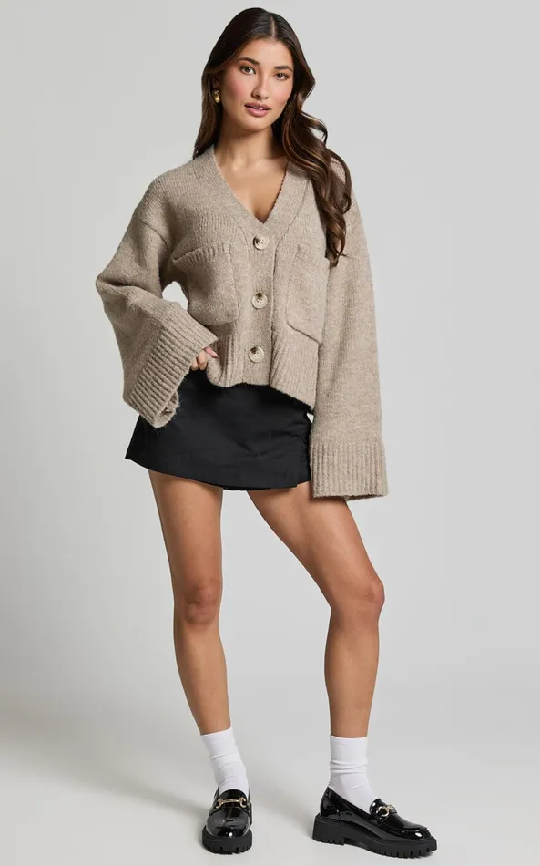 Showpo Becka Cardigan 8211 Oversized Recycled Knitted Button Through Cardigan In Biscuit Women Knitwear