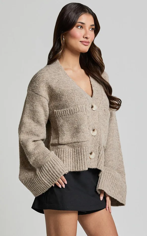 Showpo Becka Cardigan 8211 Oversized Recycled Knitted Button Through Cardigan In Biscuit Women Knitwear